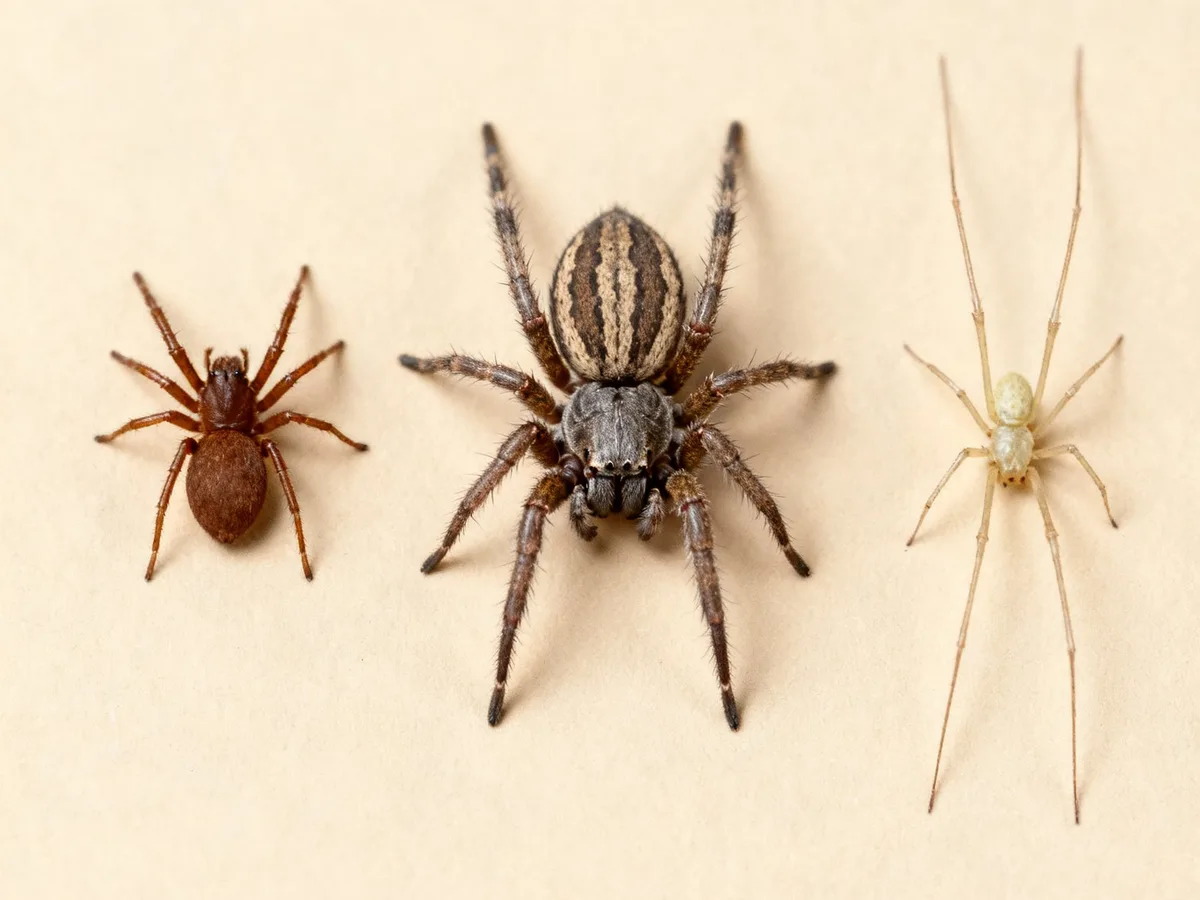Três espécies de aranhas comuns no Brasil: aranha-marrom, aranha-de-jardim e aranha de pernas longas