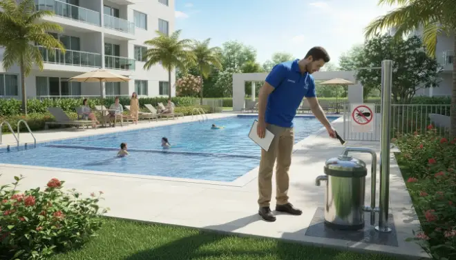 Profissional da Detecta inspecionando a área da piscina de um condomínio contra focos do Aedes aegypti.