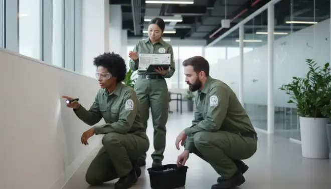 Equipe da Detecta inspecionando edifício dentro de um programa de controle integrado de pragas.