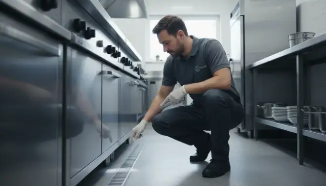 Técnico da Detecta inspecionando cozinha comercial para controle de formigas em empresas.