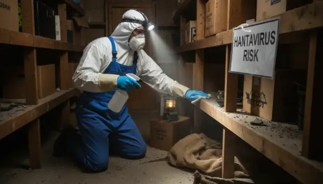 Pessoa usando EPIs para limpar local com sinais de roedores e evitar a contaminação por hantavírus.