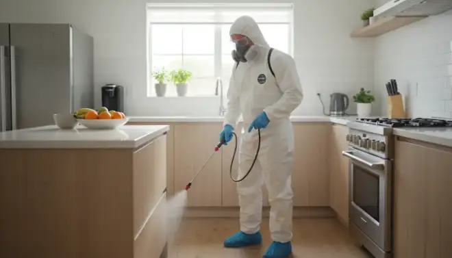 Técnico aplicando produto contra baratas na cozinha durante uma dedetização segura.