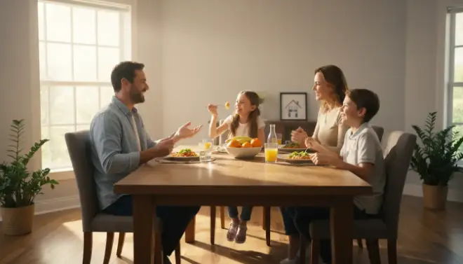 Família jantando tranquila em uma sala protegida após dedetização segura para crianças e pets.