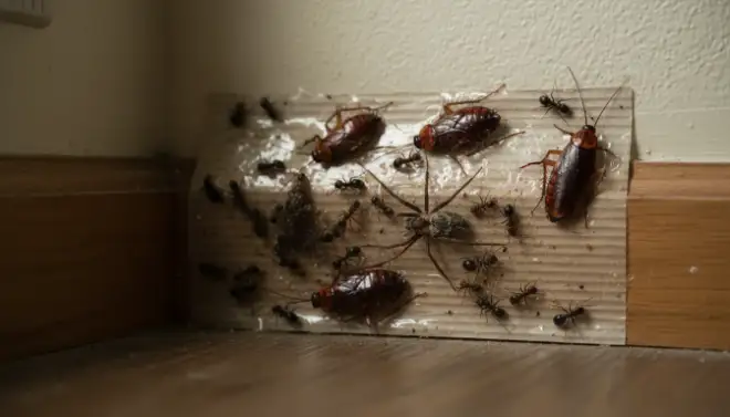 Armadilha adesiva com insetos capturados, recurso usado no monitoramento e controle de pragas.
