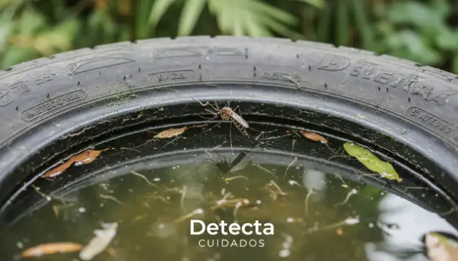 Mosquito pousado sobre água parada, ambiente típico de reprodução