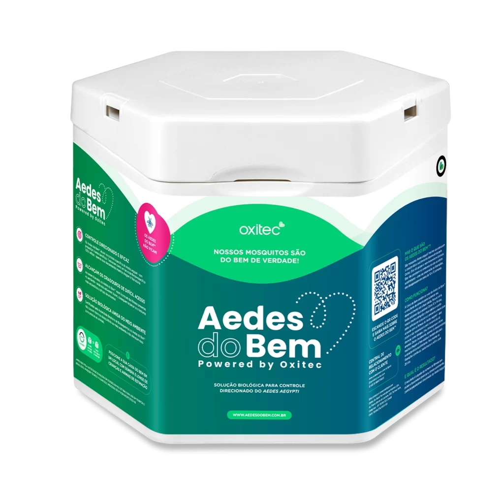 Produto Aedes do Bem. Embalagem em formato de hexágono com cores em tons verdes e os dizer "Aedes do bem" e informações.