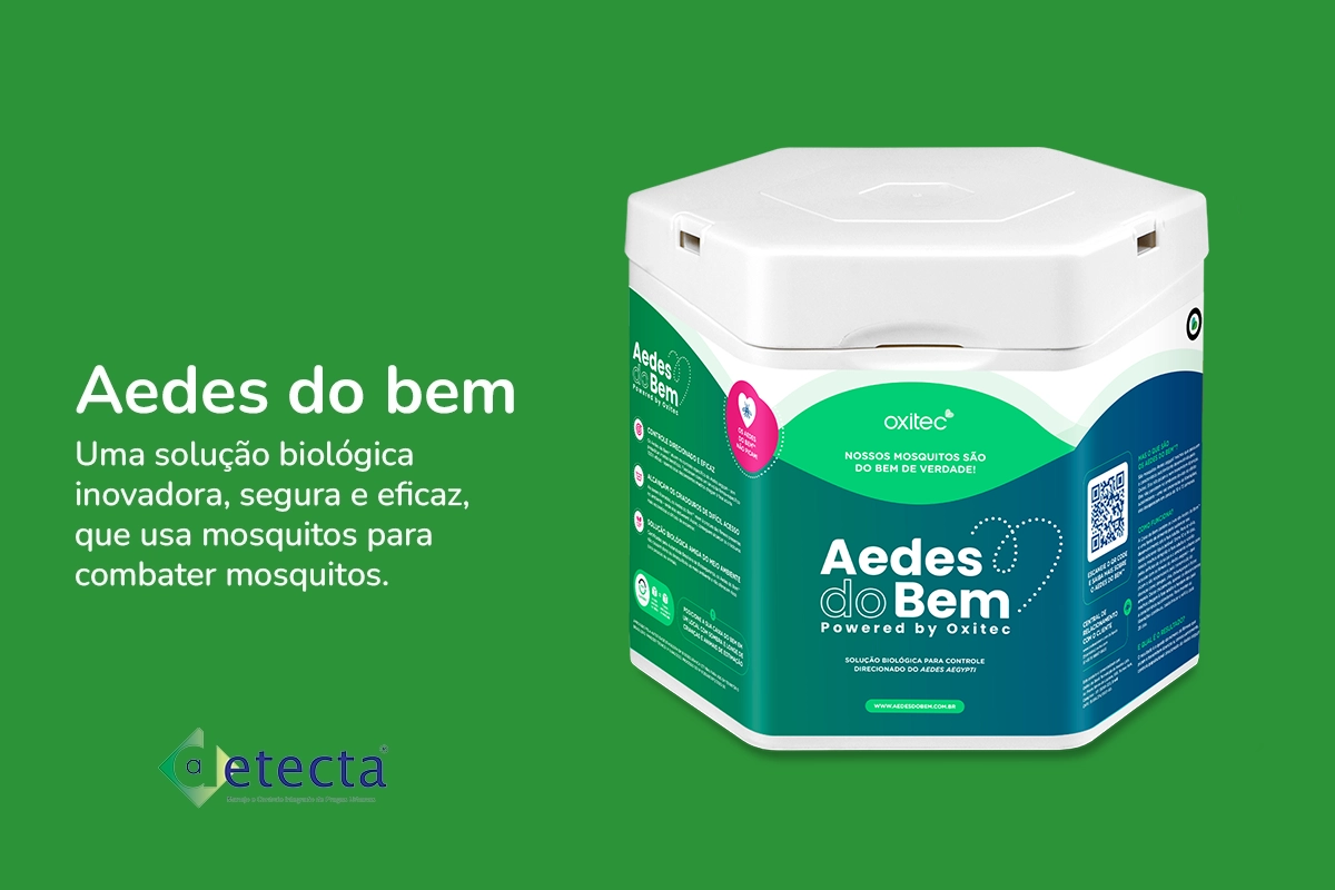 Um fundo verde. No lado esquerdo o texto: "Aedes do bem - Uma solução biológica inovadora, segura e eficaz, que usa mosquitos para combater mosquitos" em letras brancas e no lado direito a uma embalagem em forma de exagóno com apresentação do produto Ades do bem