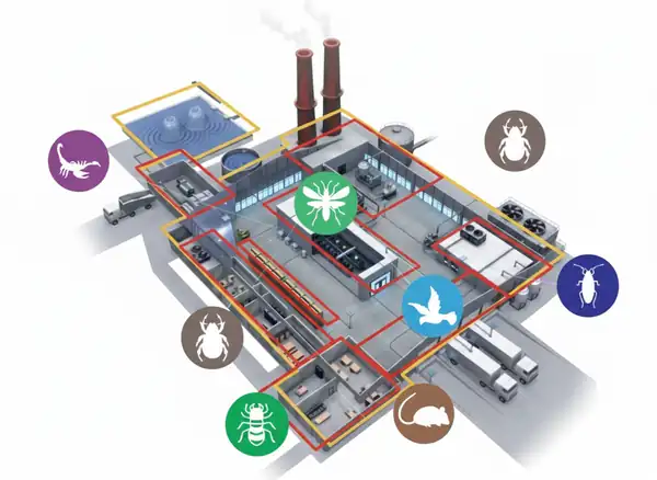 Ilustração de planta industrial com monitoramento de pragas SIMP